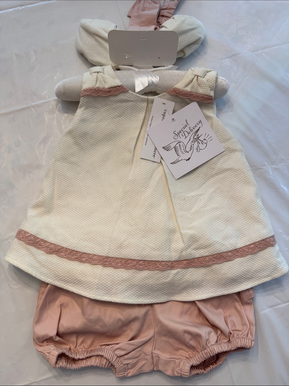 cupcakes & cashmere Cream Dress with Blush Trim and Blush Bloomers